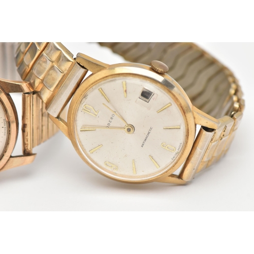 484 - THREE GENTS WRISTWATCHES, to include a gold plated 'Record' manual wind, with stretch link bracelet,... 