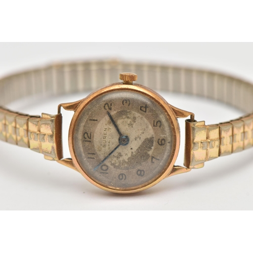 486 - A LADIES 9CT GOLD WRISTWATCH, manual wind watch, round discoloured silver dial signed 'Buren', Arabi... 