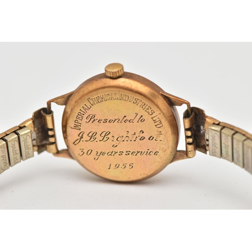 486 - A LADIES 9CT GOLD WRISTWATCH, manual wind watch, round discoloured silver dial signed 'Buren', Arabi... 