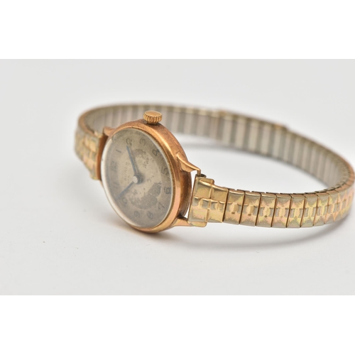 486 - A LADIES 9CT GOLD WRISTWATCH, manual wind watch, round discoloured silver dial signed 'Buren', Arabi... 