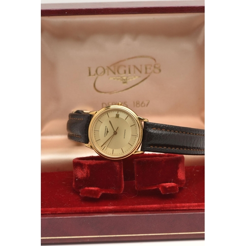 489 - A GENTS AUTOMATIC LONGINES WRISTWATCH, round gold dial signed 'Longines, Automatic', baton markers, ... 