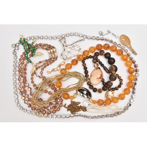 492 - A BAG OF ASSORTED COSTUME JEWELLERY, beaded necklaces, brooches and chains