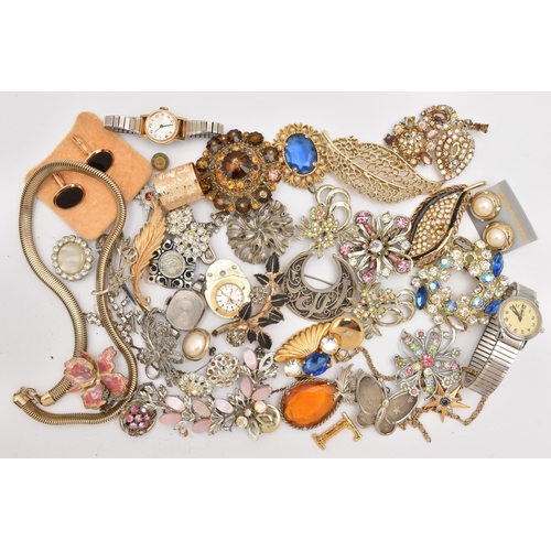 493 - A BAG OF ASSORTED COSTUME JEWELLERY, to include wristwatches, brooches, chains etc