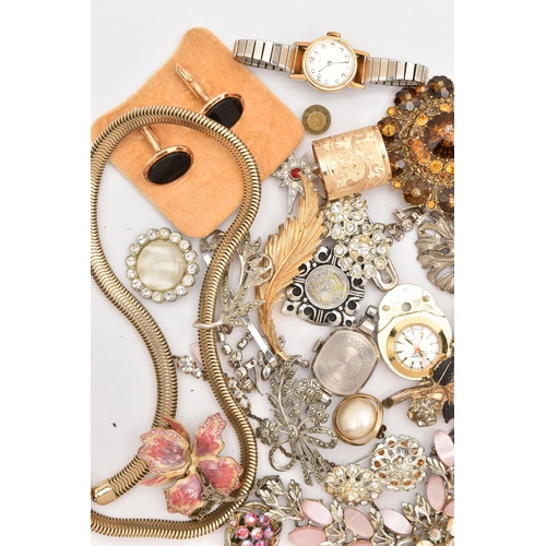 493 - A BAG OF ASSORTED COSTUME JEWELLERY, to include wristwatches, brooches, chains etc