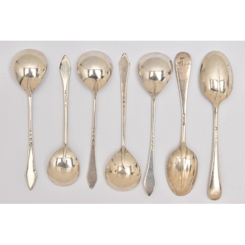 497 - SEVEN SILVER TEASPOONS, to include a set of five rat tail teaspoons with pointed terminals, each hal... 