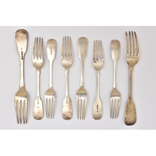 498 - A SELECTION OF 19TH AND EARLY 20TH CENTURY SILVER FIDDLE PATTERN TABLE FORKS, two with engraved init... 