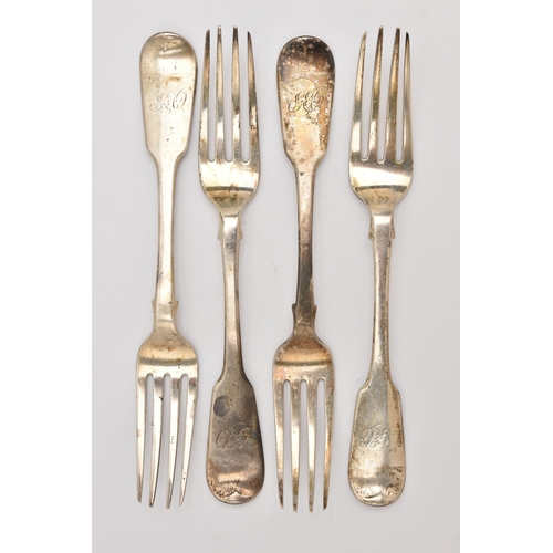 502 - A SET OF FOUR VICTORIAN SILVER TABLE FORKS, fiddle pattern with engraved monogram, hallmarked 'Charl... 