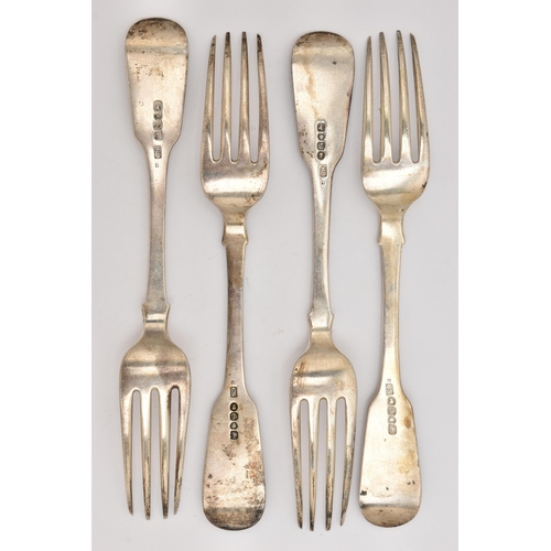 502 - A SET OF FOUR VICTORIAN SILVER TABLE FORKS, fiddle pattern with engraved monogram, hallmarked 'Charl... 