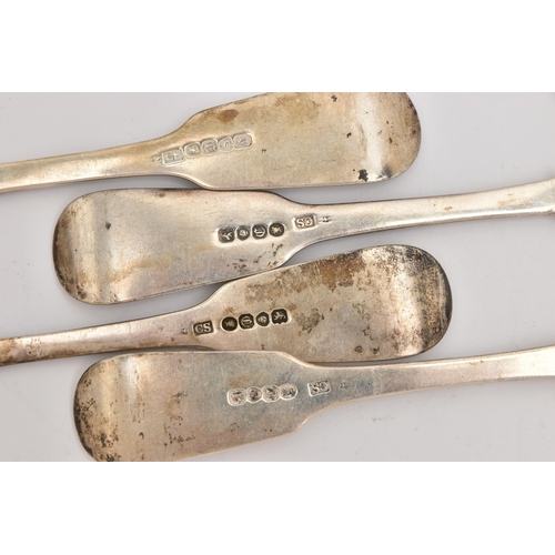 502 - A SET OF FOUR VICTORIAN SILVER TABLE FORKS, fiddle pattern with engraved monogram, hallmarked 'Charl... 