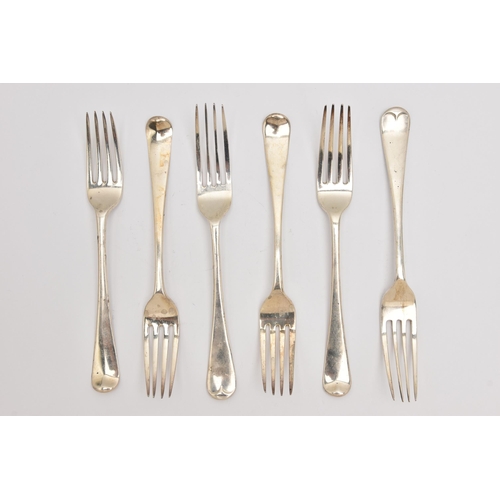 503 - SIX SILVER TABLE FORKS, Old English pattern forks, two hallmarked 'Viners' Sheffield 1931, four Geor... 