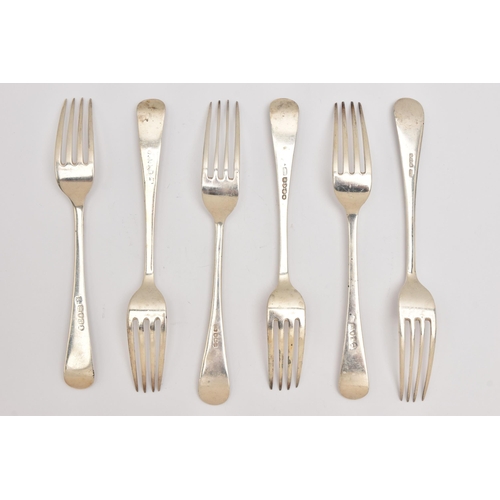 503 - SIX SILVER TABLE FORKS, Old English pattern forks, two hallmarked 'Viners' Sheffield 1931, four Geor... 