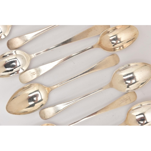 505 - ELEVEN SILVER TEASPOONS, to include a set of six Old English pattern spoons with engraved initial 'W... 