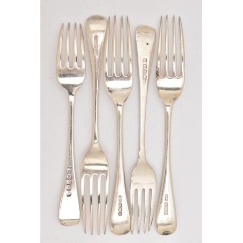 506 - FIVE SILVER TABLE FORKS, three Old English pattern forks, hallmarked 'Viners' Sheffield, and two Geo... 