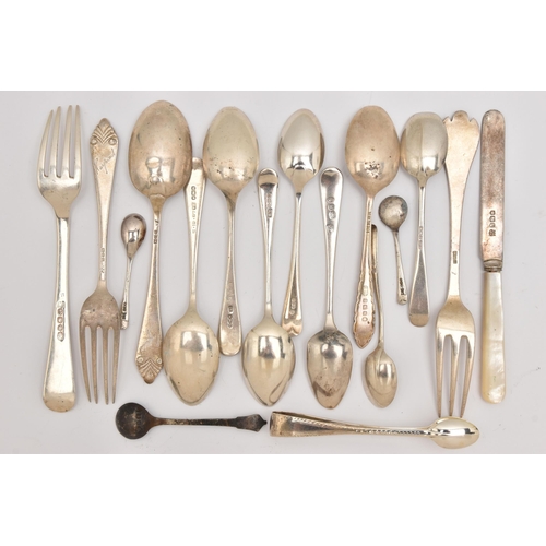 509 - A SELECTION OF SILVER CUTLERY, various pieces to include eight teaspoons, three forks, a sauce spoon... 