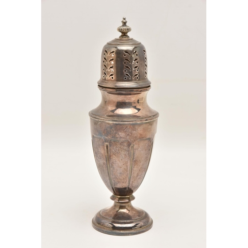 510 - AN EARLY 20TH CENTURY SILVER SUGAR CASTER, tapering form with pierced cover and pointed finial, on a... 