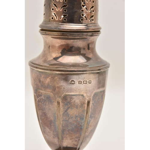 510 - AN EARLY 20TH CENTURY SILVER SUGAR CASTER, tapering form with pierced cover and pointed finial, on a... 