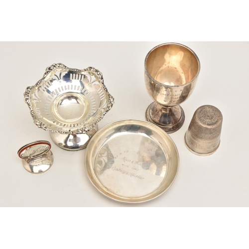 514 - A SELECTION OF SILVER ITEMS, to include a silver dish engraved to the centre, hallmarked 'S J Rose &... 