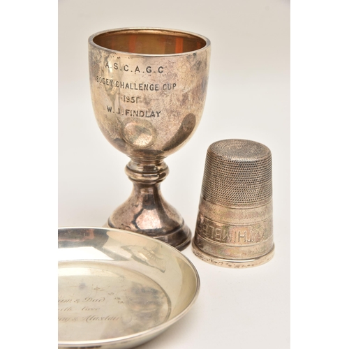 514 - A SELECTION OF SILVER ITEMS, to include a silver dish engraved to the centre, hallmarked 'S J Rose &... 