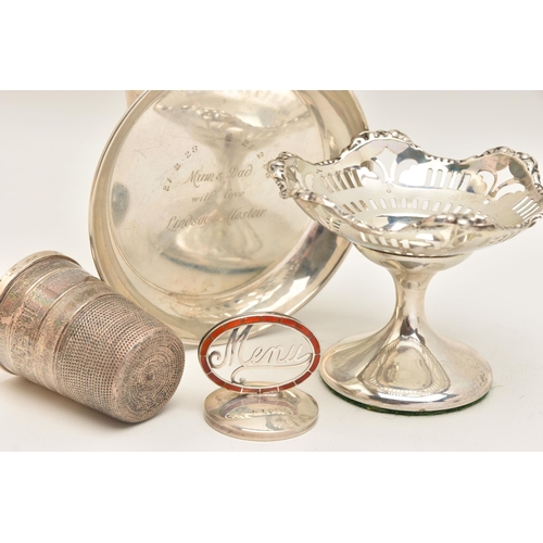 514 - A SELECTION OF SILVER ITEMS, to include a silver dish engraved to the centre, hallmarked 'S J Rose &... 