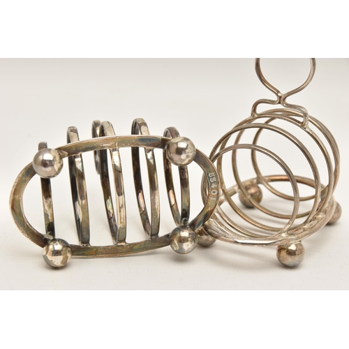 522 - TWO EARLY 20TH CENTURY SILVER TOAST RACKS, both of an oval form with four sections, circular handles... 