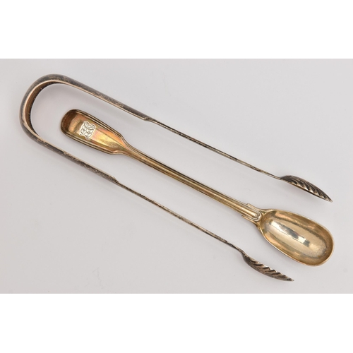 523 - A PAIR OF SILVER SUGAR TONGS AND A SAUCE SPOON, fiddle pattern with shell bowls, hallmarked 'Adam El... 