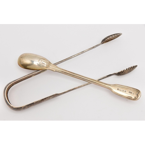 523 - A PAIR OF SILVER SUGAR TONGS AND A SAUCE SPOON, fiddle pattern with shell bowls, hallmarked 'Adam El... 