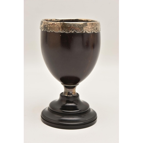 526 - A 19TH CENTURY COCONUT SHELL GOBLET, carved and polished shell cup and stepped base, mounted with a ... 