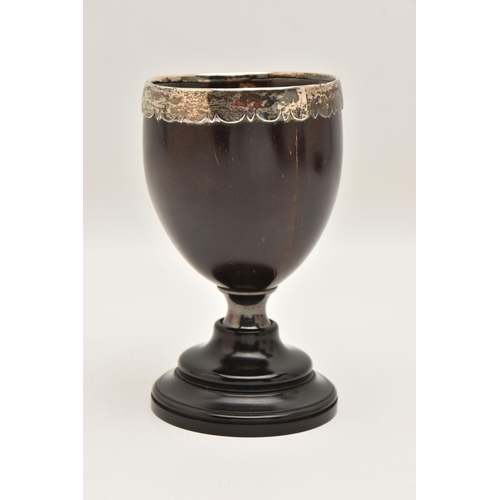 526 - A 19TH CENTURY COCONUT SHELL GOBLET, carved and polished shell cup and stepped base, mounted with a ... 