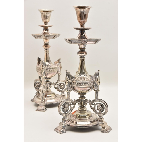 529 - A PAIR OF LATE 19TH CENTURY, 'THOMAS BRADBURY & SONS' SHEFFIELD PLATE CANDLESTICKS, ornate design fe... 