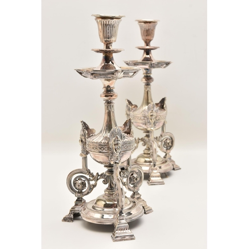 529 - A PAIR OF LATE 19TH CENTURY, 'THOMAS BRADBURY & SONS' SHEFFIELD PLATE CANDLESTICKS, ornate design fe... 