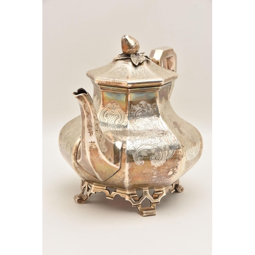 530 - AN EARLY VICTORA SILVER TEAPOT, hexagonal form with engraved scrolling foliate pattern throughout, r... 