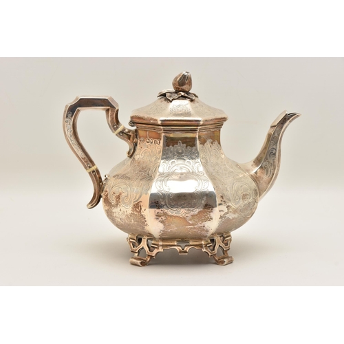 530 - AN EARLY VICTORA SILVER TEAPOT, hexagonal form with engraved scrolling foliate pattern throughout, r... 