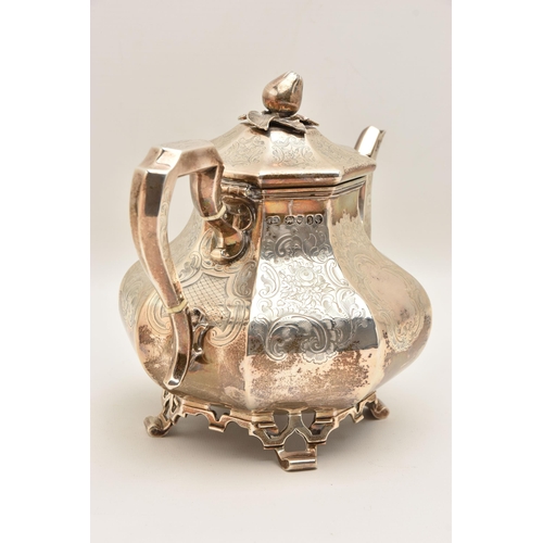 530 - AN EARLY VICTORA SILVER TEAPOT, hexagonal form with engraved scrolling foliate pattern throughout, r... 