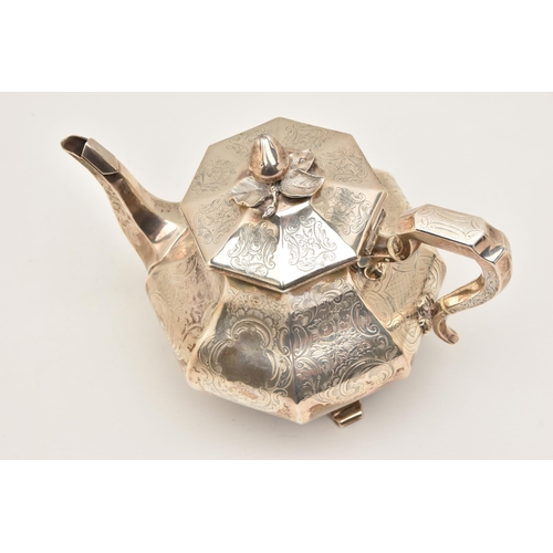 530 - AN EARLY VICTORA SILVER TEAPOT, hexagonal form with engraved scrolling foliate pattern throughout, r... 