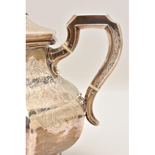 530 - AN EARLY VICTORA SILVER TEAPOT, hexagonal form with engraved scrolling foliate pattern throughout, r... 