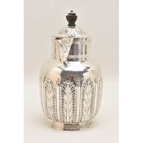 531 - A LATE VICTORIAN SILVER COFFEE POT, foliate pattern, hinged cover fitted with an ebonised finial and... 