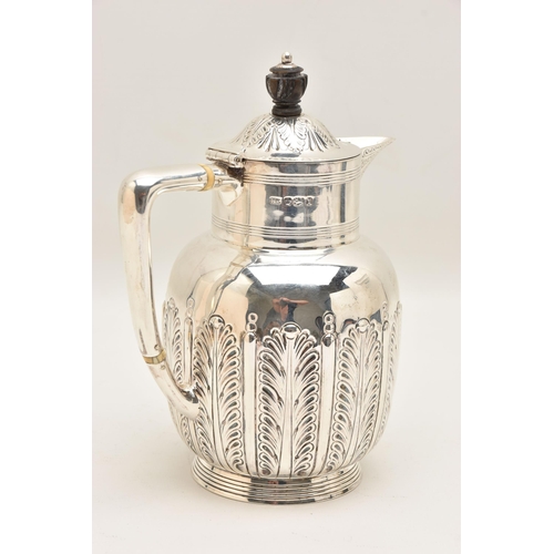 531 - A LATE VICTORIAN SILVER COFFEE POT, foliate pattern, hinged cover fitted with an ebonised finial and... 