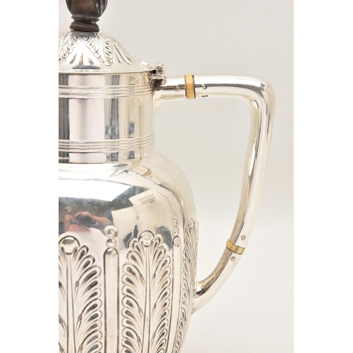 531 - A LATE VICTORIAN SILVER COFFEE POT, foliate pattern, hinged cover fitted with an ebonised finial and... 