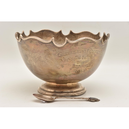 532 - AN EARLY 20TH CENTURY SILVER PRESENTATION ROSE BOWL AND A SINGLE SPOON, wavy rim, engraving reads 'C... 