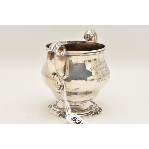 536 - A GEORGE V SILVER PRESENTATION TROPHY CUP, polished baluster form, fitted with two scrolling handles... 