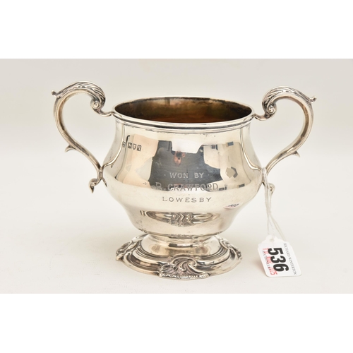 536 - A GEORGE V SILVER PRESENTATION TROPHY CUP, polished baluster form, fitted with two scrolling handles... 