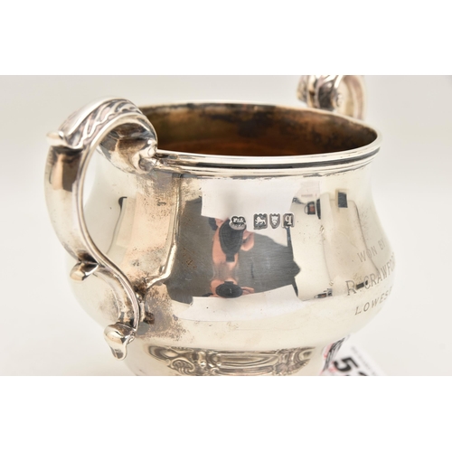 536 - A GEORGE V SILVER PRESENTATION TROPHY CUP, polished baluster form, fitted with two scrolling handles... 