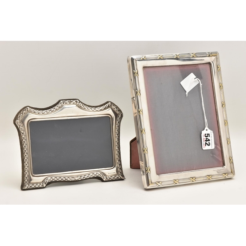 542 - TWO PHOTO FRAMES, the first a rectangular landscape frame with textured rim, hallmarked 'Carr's of S... 