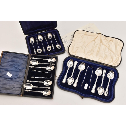 545 - THREE CASED SETS OF SILVER CUTLERY, to include a cased set of six apostle top teaspoons with shell b... 