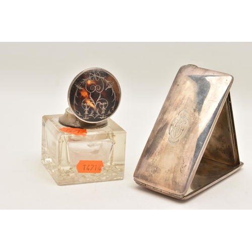 547 - A SILVER CASED THEMOMETER AND A GLASS INK WELL, the polished portable thermometer with engraved mono... 