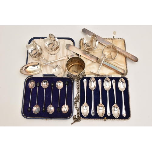 548 - A SELECTION OF SILVER AND WHITE METAL ITEMS, to include a cased set of six silver coffee spoons, a c... 