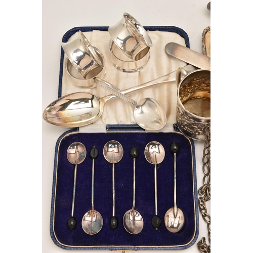 548 - A SELECTION OF SILVER AND WHITE METAL ITEMS, to include a cased set of six silver coffee spoons, a c... 