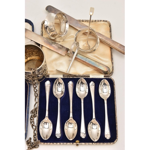 548 - A SELECTION OF SILVER AND WHITE METAL ITEMS, to include a cased set of six silver coffee spoons, a c... 