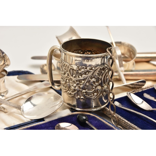 548 - A SELECTION OF SILVER AND WHITE METAL ITEMS, to include a cased set of six silver coffee spoons, a c... 