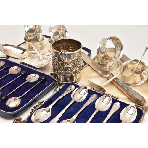 548 - A SELECTION OF SILVER AND WHITE METAL ITEMS, to include a cased set of six silver coffee spoons, a c... 